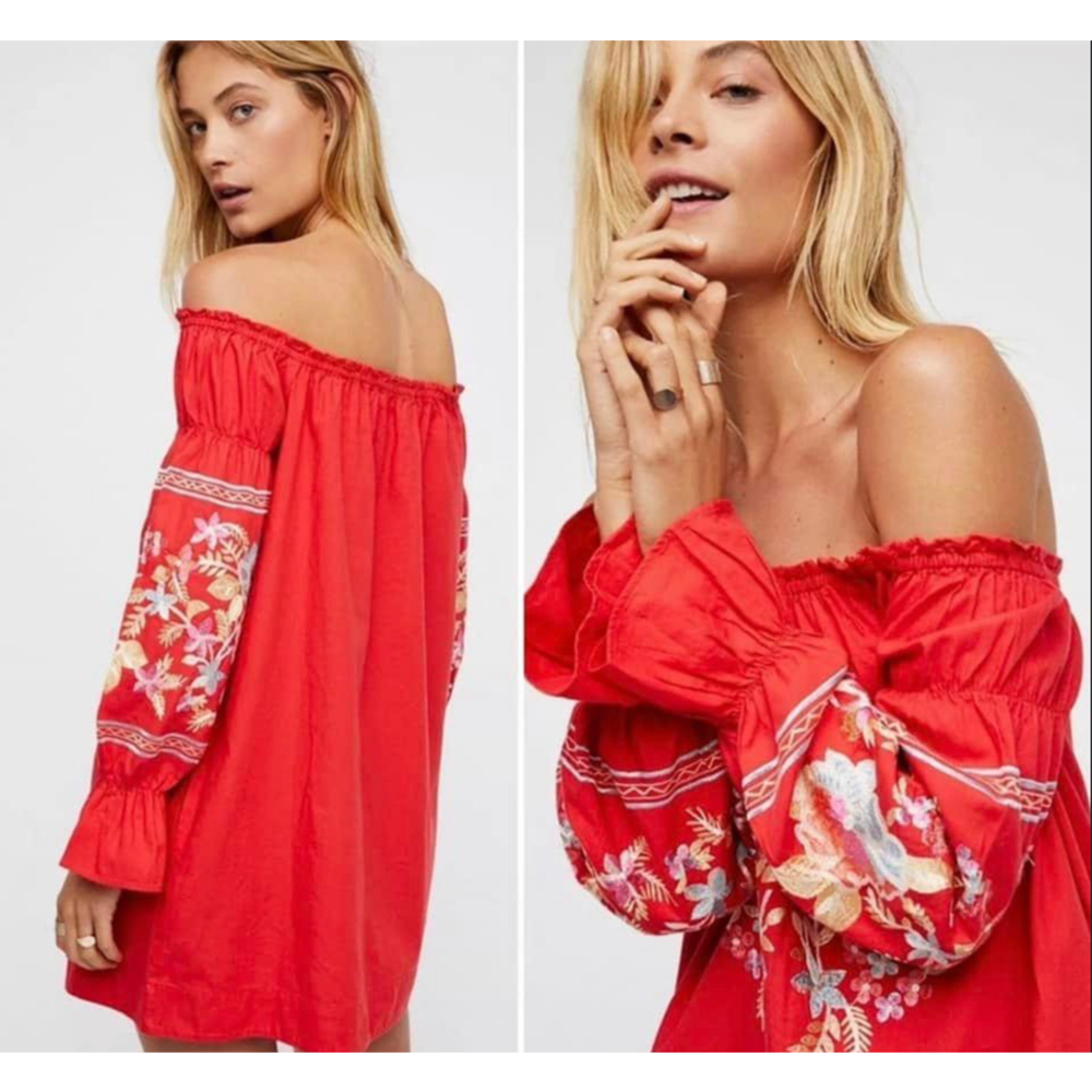 NWT Free People Red Embroidered Off-the-Shoulder Boho Dress